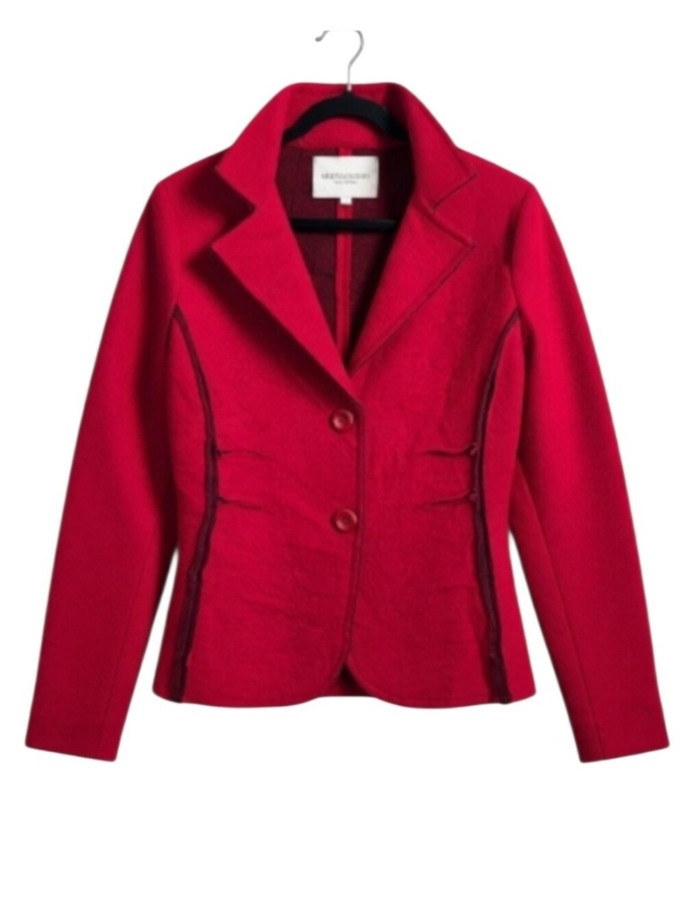 Marisa & Marie Red Wool-Blend Blazer w/ Notched Lapel and Structured Silhouette